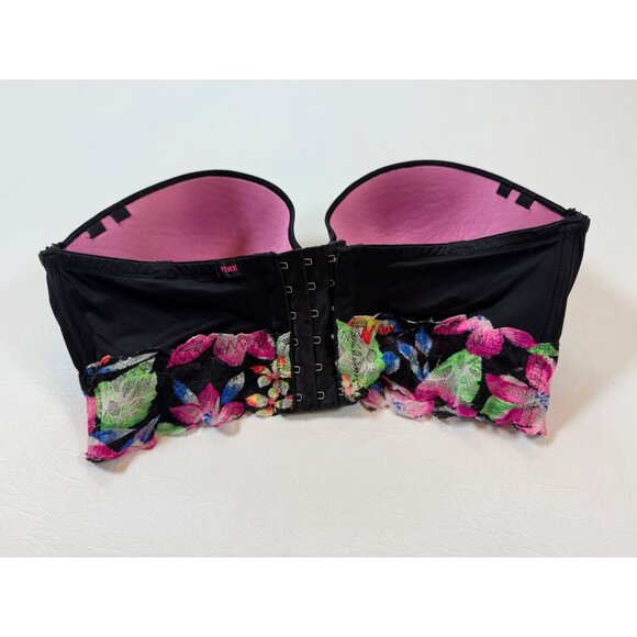 Victorias Secret Pink Black Strapless Bra 36D Floral Print Lace Trim (bin LL145) - Picture 3 of 7